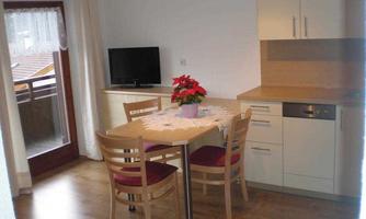 A cozy kitchen with a table and chairs. There is a plant on the table and a television is visible in the background.