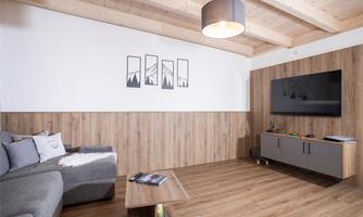 A modern living room with wooden paneling and a cozy sofa. A television is mounted on the wall, along with a decorative picture featuring mountain motifs.