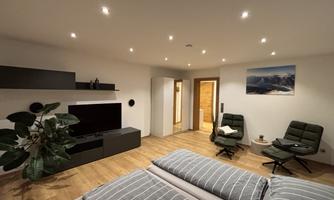 A modern bedroom with two beds and a television. The decor is minimalist with wooden flooring and a decorative plant.