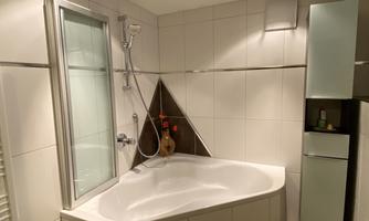 A modern bathroom with an elegant bathtub and a shower. The walls are tiled in light colors, and there is a minimalist storage unit.
