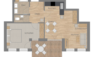 An overview of a modern floor plan featuring various living spaces. The rooms include a bedroom, a living room, a kitchen, and a terrace.