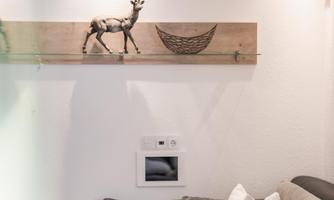 A cozy living room with a gray couch and many cushions. On the wall, there is a decoration featuring a deer and an elegant vase.