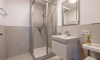 A modern bathroom with a shower cabin and an elegant sink. The walls are light, and the room design is minimalist.
