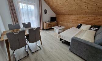 A modern living room with a pull-out couch with a lying surface of 200cm x 140cm and a dining table for four people.
