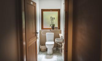 A simple bathroom with a toilet and a small sink. The room has a window overlooking a plant.