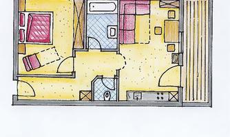 A simple apartment floor plan drawing with two bedrooms, one bathroom, and a living area. The rooms are color-coded and the layout is clearly visible.