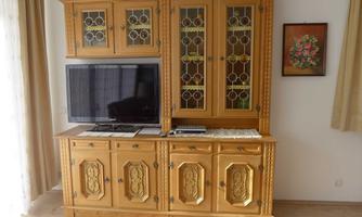 A wooden cabinet with glass doors and a television. A colorful flower picture hangs on the wall.