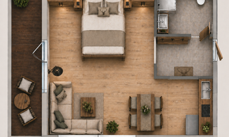 A modern layout featuring a bedroom, a living area, and a small kitchen. The space is cosily furnished with wooden details and elegant furniture.