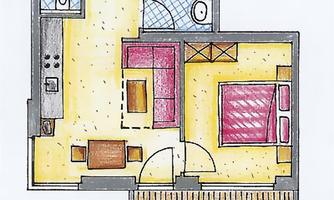 A floor plan of an apartment with one bedroom, a living room, and a kitchen. The rooms are colorfully sketched, and the layout is clearly recognizable.
