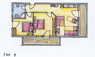A floor plan of an apartment with two bedrooms, a bathroom, and an open living area. The rooms are bright and well-structured.