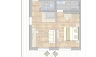 A floor plan of a modern apartment. The rooms are clearly structured with a living area, bedroom, and bathroom.