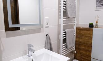 A modern bathroom with a white sink and a large mirror. On the wall, there are towels and a towel holder as well as a plant decoration.
