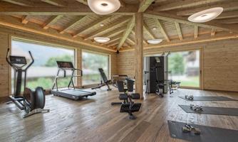 A modern gym with wood paneling and large windows. Various fitness equipment and exercise mats are available.