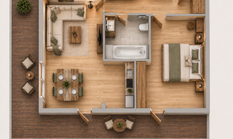 A modern apartment with an open living area, a fully equipped kitchen, and a bedroom. The space is bright and welcoming, with cozy furniture and a dining table.
