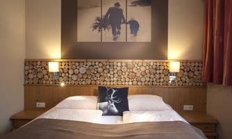A cozy bedroom with a double bed and wooden paneling. On the wall hangs a picture of a man with an animal.