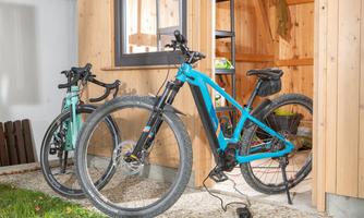 Two bicycles are standing in front of a wooden shelter. One bicycle is blue and the other is green.