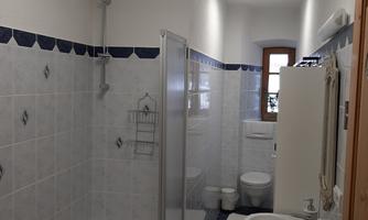 A modern bathroom with a bathtub and a shower cabin. The walls are decorated with white tiles and the floor has a blue carpet.