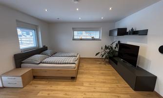 A modern bedroom with a double bed and wooden floor. On the wall, there is a television and a plant.