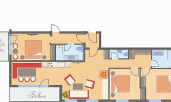 A floor plan of an apartment with two bedrooms, a balcony, and a living room. The rooms are clearly arranged, with a kitchen and two bathrooms.