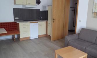 A cozy kitchenette with modern appliances and a dining area. The small living room has a gray sofa and a wooden table.