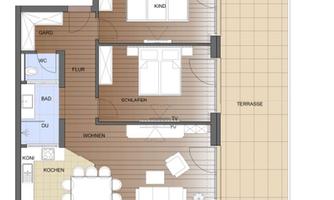 A floor plan drawing of an apartment with a living room, two bedrooms, a bathroom, and a terrace. The rooms are clearly arranged and easy to identify.