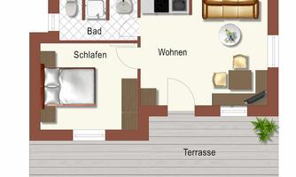 A floor plan of an apartment with a sleeping and a living area. The apartment has a bathroom and a terrace.
