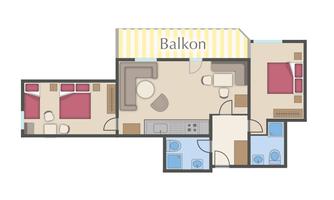 A floor plan drawing of a modern apartment with two bedrooms, a living area, and a kitchen. The balcony is also illustrated and offers a view outside.