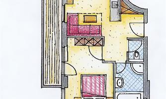A simple floor plan drawing of a small apartment. The rooms are color-coded and include a living room, a bedroom, and a bathroom.