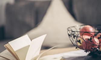 An open book lies on a table, next to it a bowl of red apples. In the background, a soft pillow is visible.