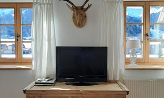A cozy room with a television on a wooden sideboard. Above the television hangs a deer antler on the wall, and the windows have white curtains.