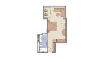 A floor plan of an apartment with an open living area, kitchen, and bathroom. The furniture is schematically drawn.