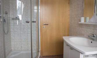A small, modern bathroom with a shower and a sink. The walls are brightly tiled and there is a wooden interior door.