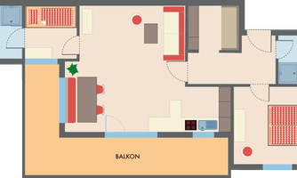 A simple floor plan drawing of an apartment with two bedrooms, a living room, and a kitchen. The balcony is also marked.