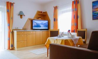 A cozy living space with a television and a dining area. The windows are decorated with light curtains, and the room is designed in a friendly manner.