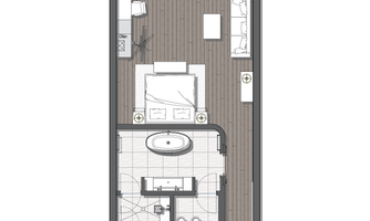 A modern apartment with an open floor concept. The layout includes a bedroom, a bathroom, and a terrace.