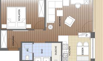 A well-designed apartment with a bedroom, living room, and open kitchen. The floor plan shows various rooms, including a bathroom and dining area.