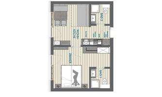 A floor plan sketch of an apartment with an open living and kitchen area. The rooms are clearly structured and include furniture displays.