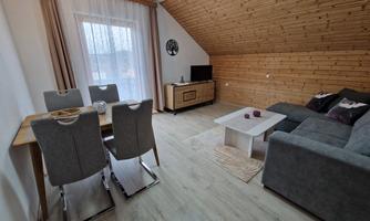 A bright living room with a pull-out couch and a dining table. There are large windows that let in natural light.