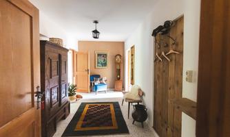An inviting hallway with wooden doors and a cozy seating area. A colorful carpet covers the floor, and some plants add life to the space.