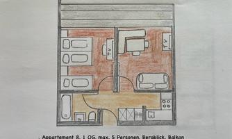 A floor plan drawing of an apartment with space for up to five people. The apartment features a balcony and a view of the mountains.