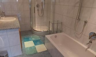 A modern bathroom with a shower and a bathtub. The walls are tiled, and there is a bright, friendly atmosphere.