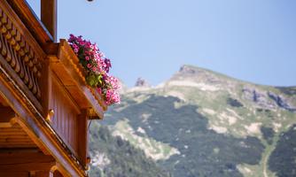A balcony with colorful flowers in the foreground and majestic mountains in the background. The sky is clear and blue.