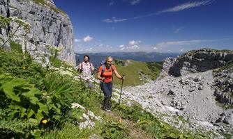 Two hikers explore a mountainous landscape with steep rocks and lush greenery. The sky is clear and the view extends over the mountains.