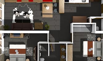 A modern apartment with an open floor plan. It features a living area, a kitchen, and a bedroom with minimalist decor.