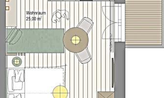A modern architectural drawing of a living space with several rooms. There is a balcony, a bathroom, and an open living area with a round table.