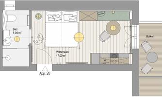 A floor plan sketch of an apartment featuring a living room, bathroom, and balcony. The design illustrates the arrangement of furniture and rooms.