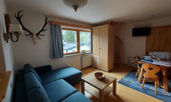 A cozy living space with a blue sofa and a wooden table. On the wall, there are antlers and there are large windows with a view outside.