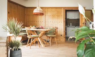 A bright dining room with wooden walls and a large wooden table. A kitchenette is along the wall and numerous plants are decoratively placed.