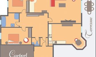 A floor plan of an apartment with various rooms. On the left, there is a carport, and on the right, a terrace is drawn.