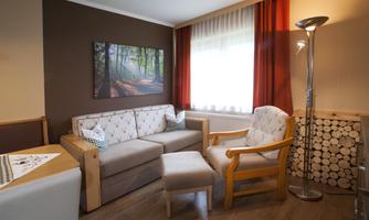 A cozy living room with a sofa, an armchair, and a decorative wooden shelf. The window lets in plenty of daylight, and a picture of a forest adorns the wall.